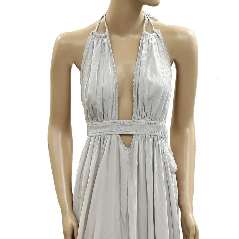 🦋 Free People Look Into the Sun Maxi Dress Halter Cutout Smocked Gray L 286457 - Picture 2 of 4
